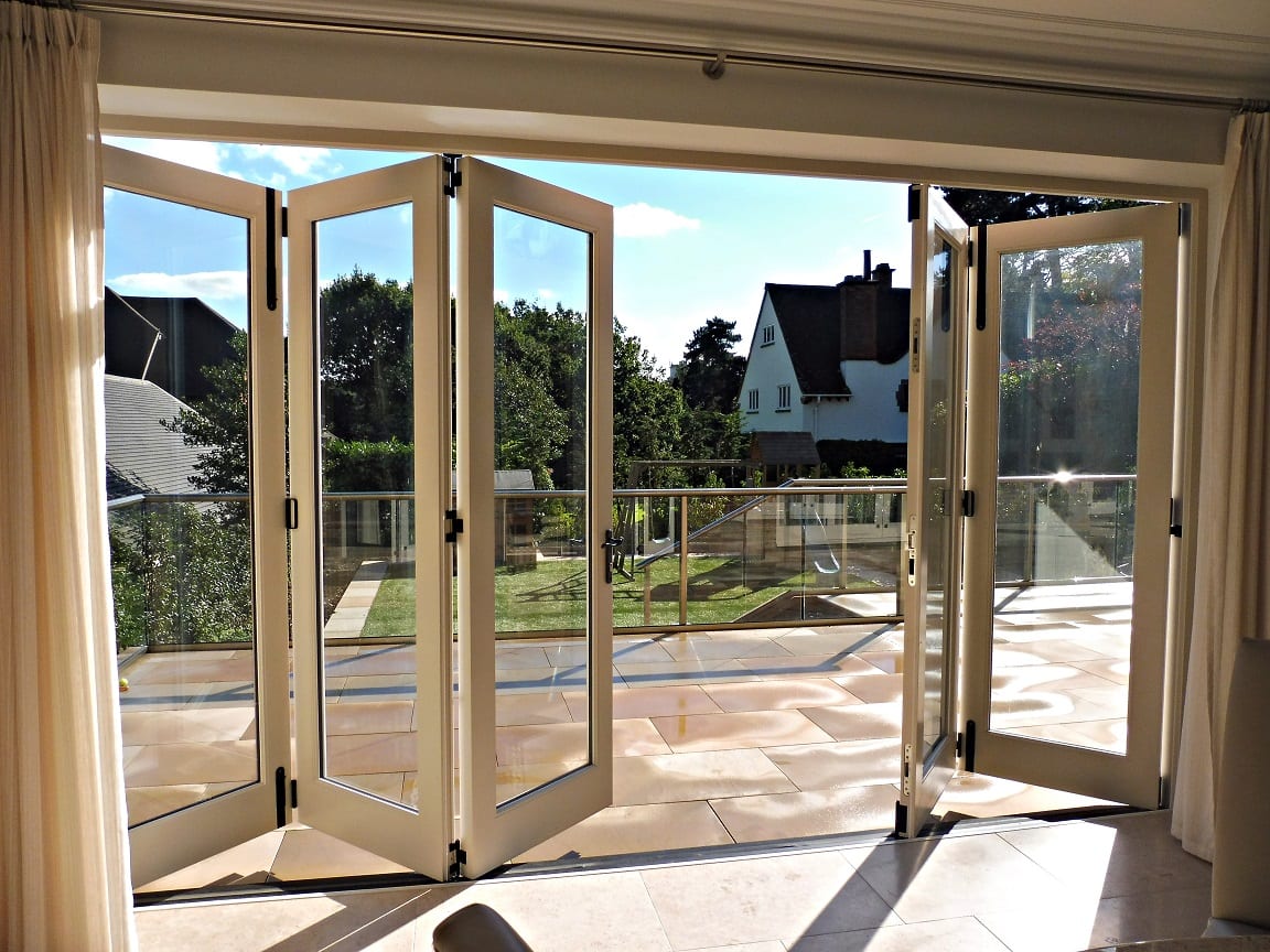 Tutbury bifold door 5 five panel painted strutt yellow clear glass partially open internal view