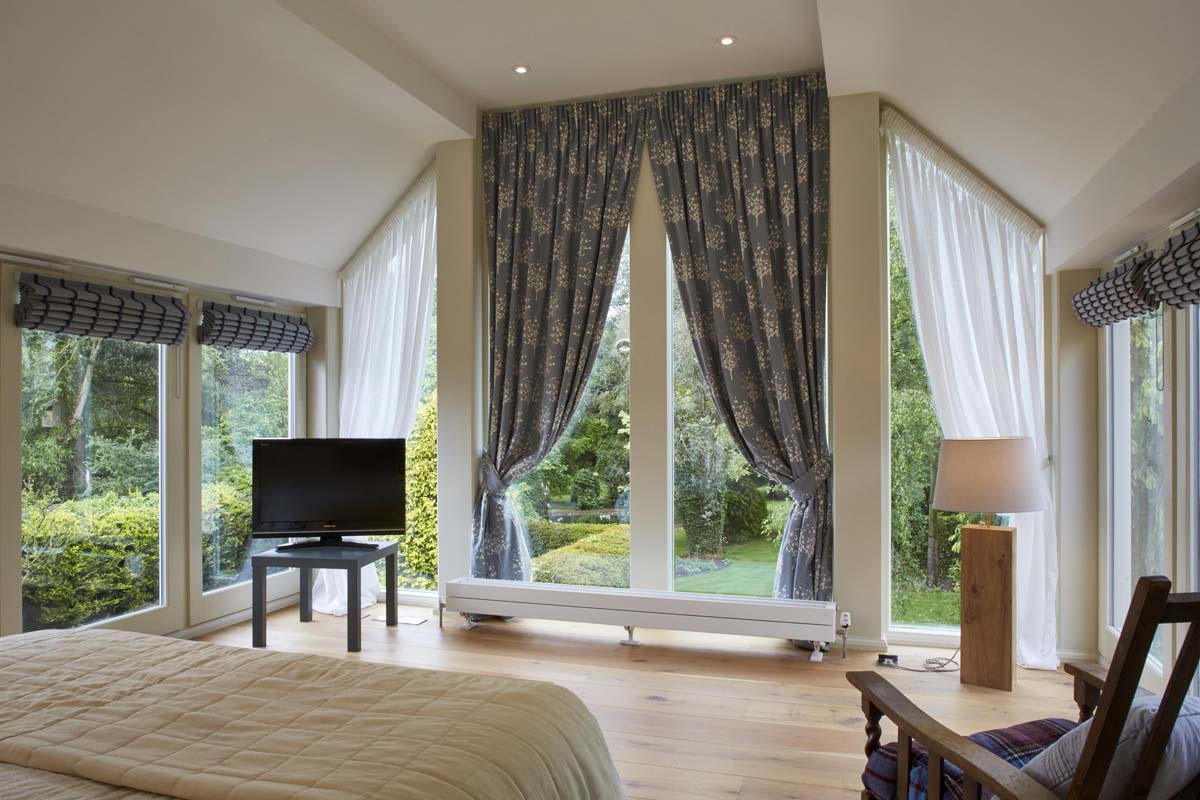 Internal view Kedleston tilt and turn steel cladding off white painted two 2 storey screen bedroom