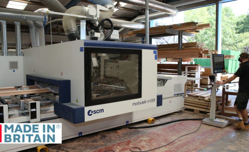 Made in Britain logo superimposed over a photo of a CNC router window making machine in the Gowercroft factory