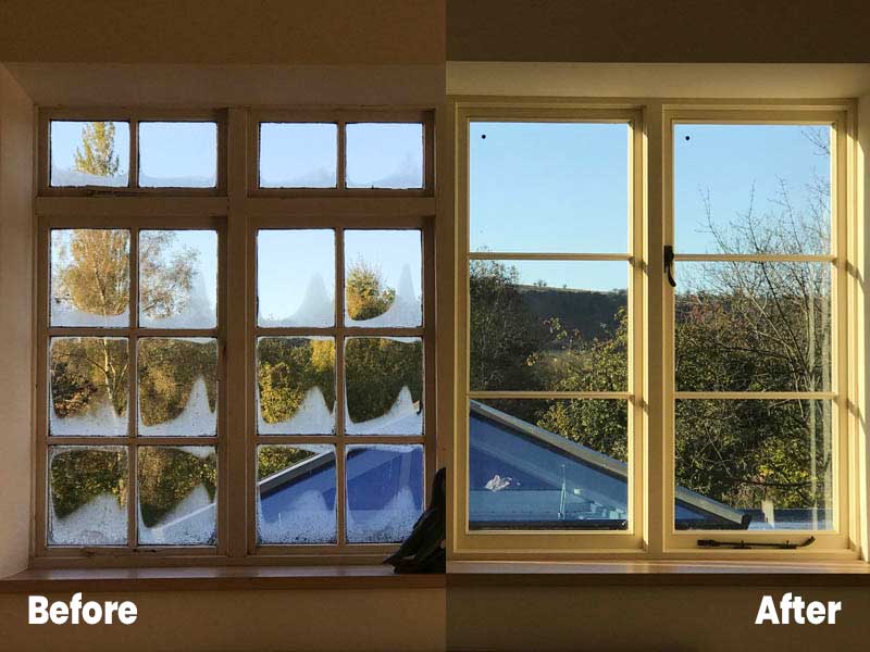 Before and after installing vacuum glazing showing the elimination of internal condesnsation
