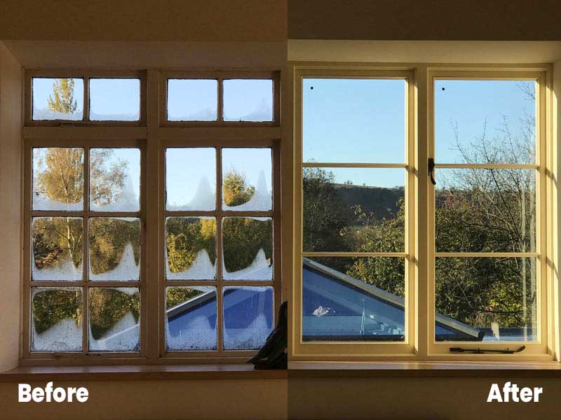 Before and after shot of window in a listed building with condensation -the problem is solved by installing heritage windows with vacuum glazing