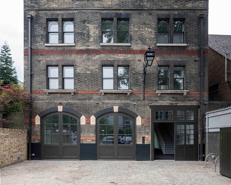 South London Gallery Fire Station: long shot of heritage doors from the outside with the doors closed