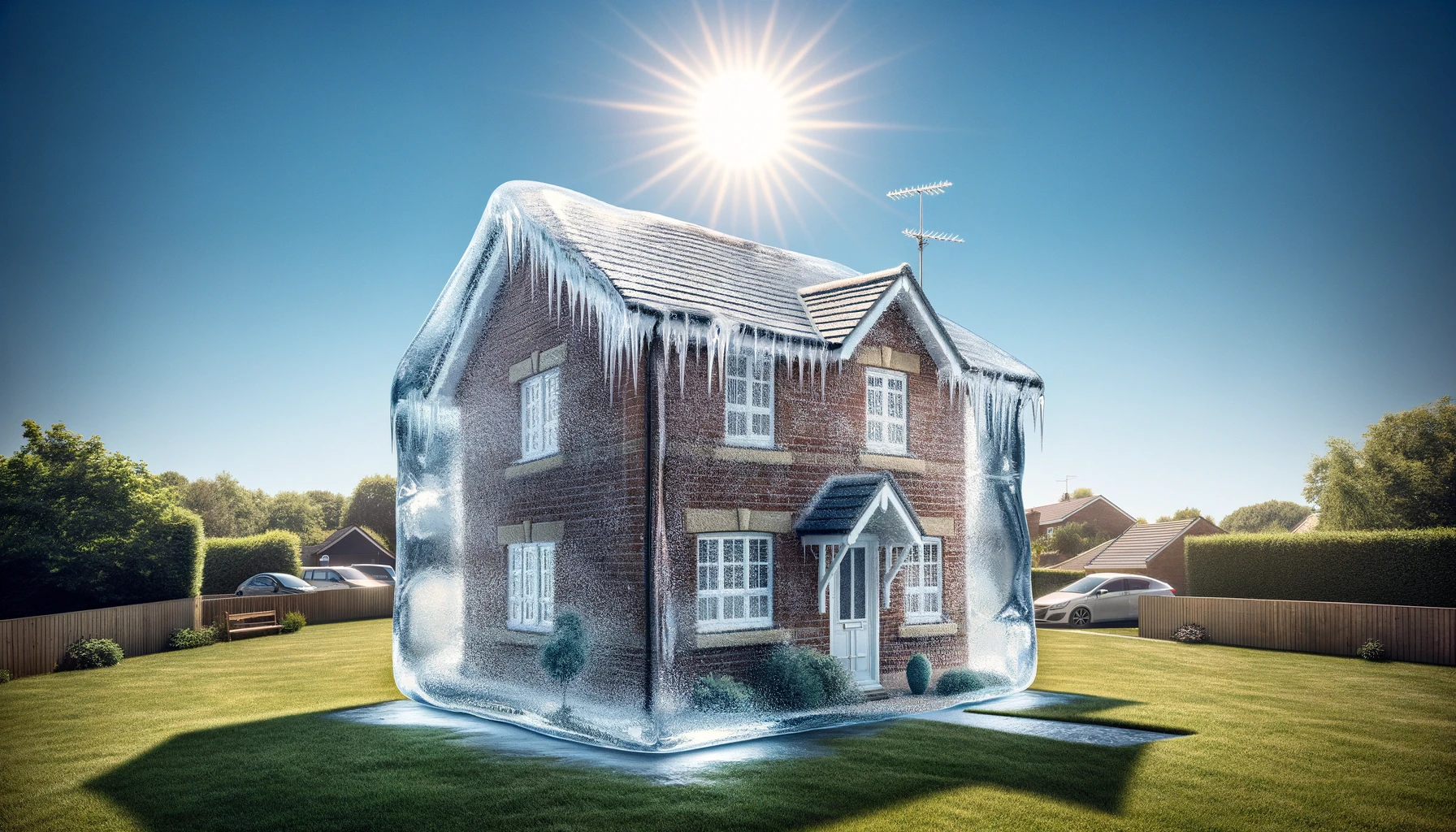 A detached, re-brick new build house encased in a layer of ice with icicles hanging from the roof, sitting under a bright sun in a lush green garden.