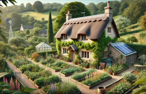 An old English stone cottage with a thatched roof and ivy-covered walls, set in a sustainable landscape. The garden is lush with native plants and wildflowers. Solar panels are visible on the roof, and a small wind turbine is nearby. A vegetable garden with raised beds and compost bins is in the foreground. A gravel path lined with blooming flowers leads to the cottage. Rolling hills covered in trees and meadows are seen in the background, promoting biodiversity