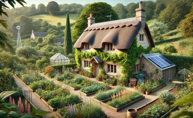 An old English stone cottage with a thatched roof and ivy-covered walls, set in a sustainable landscape. The garden is lush with native plants and wildflowers. Solar panels are visible on the roof, and a small wind turbine is nearby. A vegetable garden with raised beds and compost bins is in the foreground. A gravel path lined with blooming flowers leads to the cottage. Rolling hills covered in trees and meadows are seen in the background, promoting biodiversity